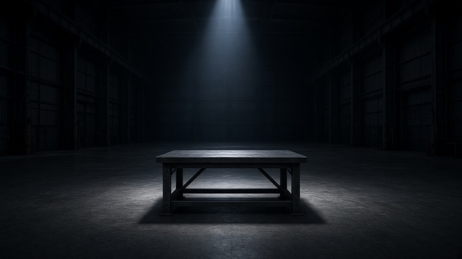 An empty industrial hall with a single steel worktable under a cone of light